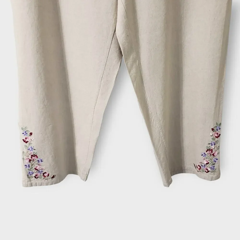 Vtg Fashion Bug Linen Blend Floral Embroidered Crop Pant Medium Neutral Tan NWOT